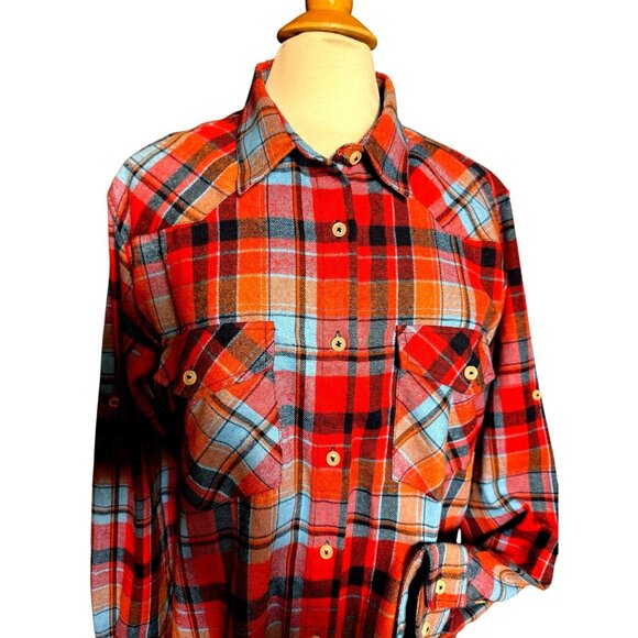 Designed In Italy Blue Plaid Button Up Size 2XL Woman's Flannel western shirt - Picture 12 of 16